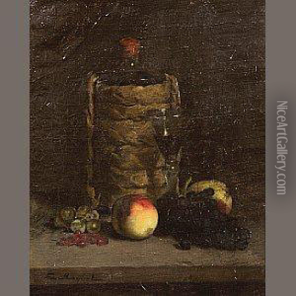 A Still Life With Fruit And Wine On A Table Oil Painting - Ferdinand Victor Leon Roybet