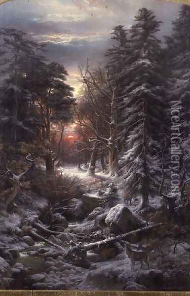 Deer in the Black Forest at sunset, 1870 Oil Painting - Carl Friedrich Wilhelm Trautschold