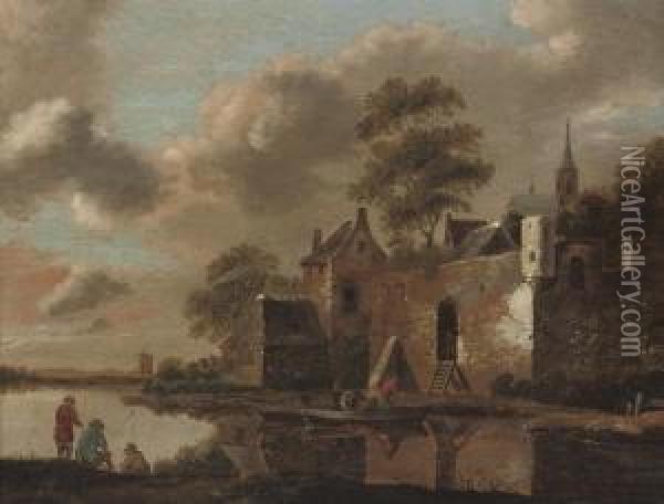 A River Landscape With Anglers On A Bank By A Fortified Village Oil Painting - Cornelius Decker