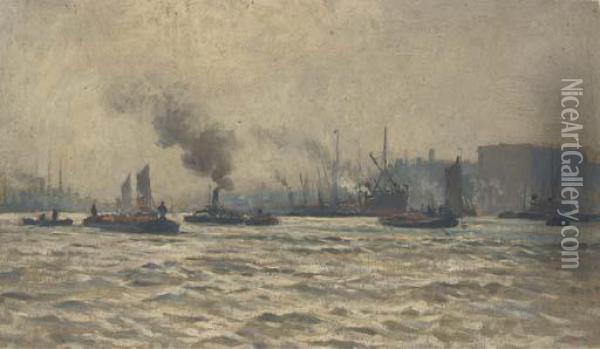 Tugs And Other Shipping On The Thames Oil Painting - William Lionel Wyllie