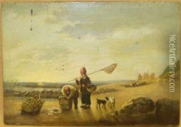 Fisherfolk With Dogs On A Beach Oil Painting - Joseph Stannard