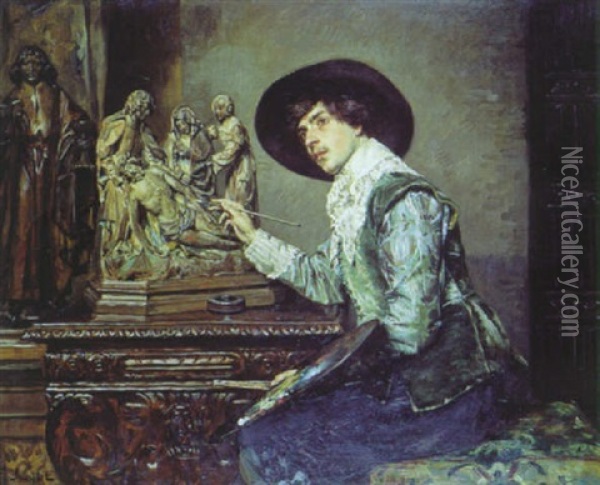 Portrait D'un Jeune Homme A La Palette Oil Painting - Ferdinand Victor Leon Roybet