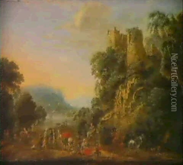 Caravane Passant Pres D'un Chateau Fort Dans La Vallee Du   Rhin Oil Painting - Jan Griffier the Elder
