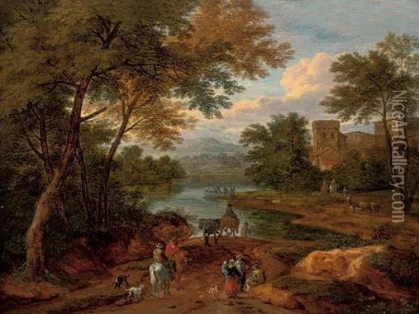 A Wooded River Landscape With Travellers On A Track, A House Beyond Oil Painting - Adriaen Frans Boudewijns