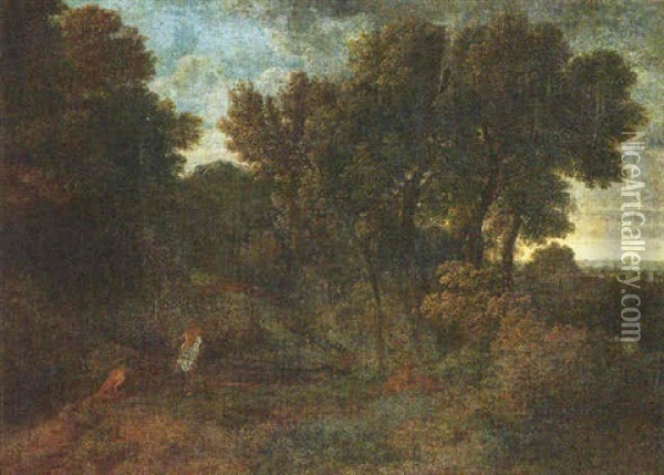 A Wooded Landscape With Figures Resting In The Foreground Oil Painting - Gaspard Dughet
