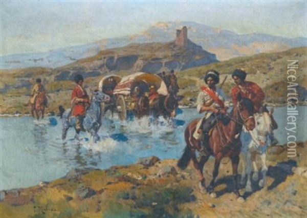 Cossacks Crossing A Ford Oil Painting - Franz Roubaud