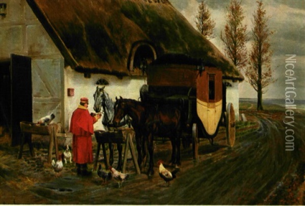 Middagspause. Postvognen Holder Ind Til Siden, Mens Hestene Fodres Oil Painting - Simon Simonsen