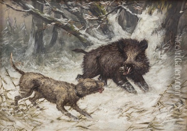 Im Winterwald Stellt Ein Jagdhund Ein Wildschwein Oil Painting - Carl Friedrich Deiker