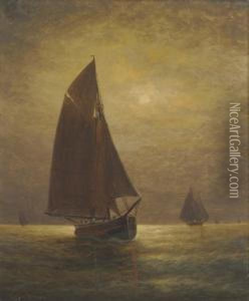 Fishing At Moonlite Oil Painting - Warren W. Sheppard