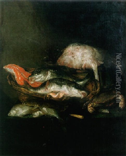 A Ray On A Barrel, A Salmon Steak, With Other Fish, A Knife And A Crab On A Draped Table Oil Painting - Abraham van Beyeren