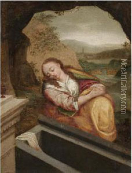Mary Magdalene In Penitence At The Holy Sepulchre Oil Painting - Denys Fiammingo Calvaert
