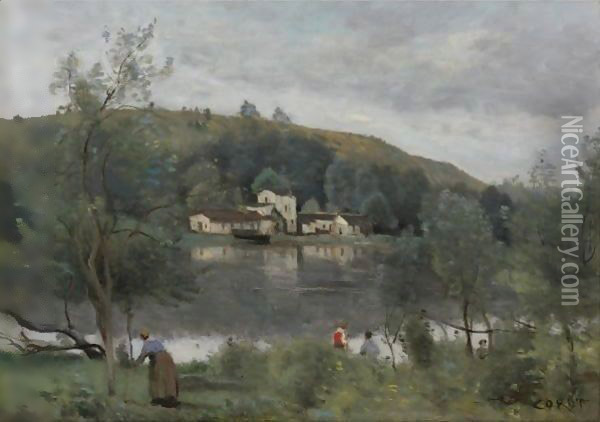 Ville D'Avray, Pecheurs Au Bord Des Etangs Oil Painting - Jean-Baptiste-Camille Corot