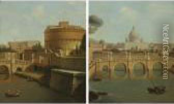 'view Of St. Peter' And 'view Of Castel Sant' Angelo': A Pair Oil Painting - Antonio Joli