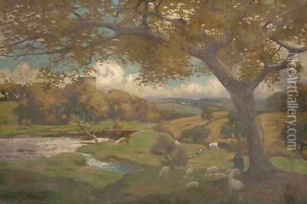 Cattle and sheep grazing in an autumnal landscape Oil Painting - Thomas Corson Morton