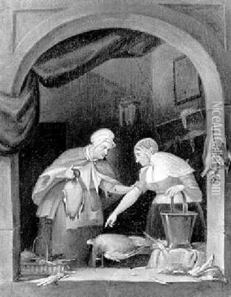 An Old Woman Selling Game To A Young Woman At A Stone Niche Oil Painting - Jean (Jan) Michael Ruyten