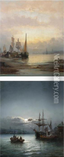 Moonlit Docks; Sunset On The Banks Oil Painting - William A. Thornley Or Thornber
