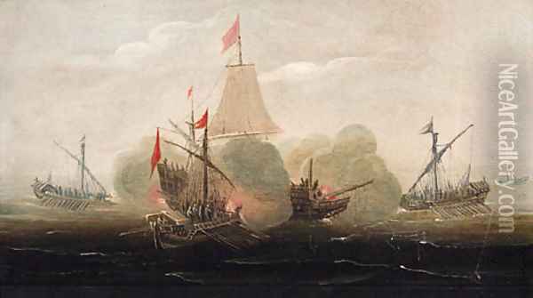 A naval engagement with barges attacking a man-o'-war Oil Painting - Aart Van Antum