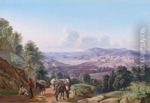 Eine Ansicht Von Orvieto Von Sudwesten Mit Rastenden Reisenden Im Vordergrund Oil Painting - Johann Faber