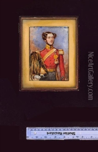 An Officer Of The 9th Light Dragoons (lancers), Wearing The Full-dress Uniform, Scarlet Coatee With Gold Epaulettes, Gold Stand Up Collar, Gold Waistbelt Bearing A Regimental Pattern Plate Oil Painting - Simon Jacques Rochard
