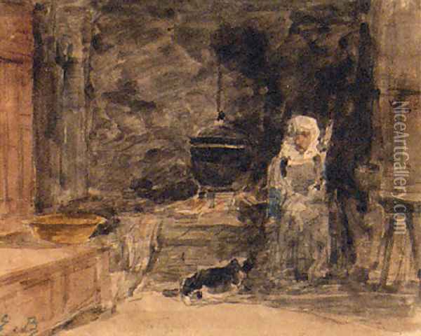 An Elderly Lady In A Kitchen Oil Painting - Eugene Boudin