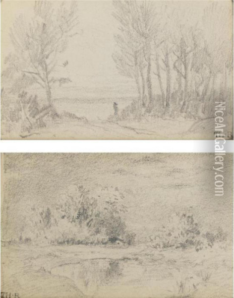 Paysage A La Mare And Chemin A Travers Les Arbres: A Pair Of Drawings Oil Painting - Theodore Rousseau