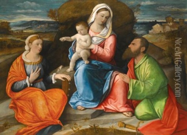 Madonna And Child With A Goldfinch, With Saints Catherine And Paul, Before An Extensive Landscape Oil Painting - Pietro degli Ingannati