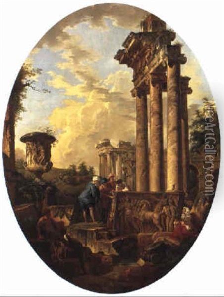 Romerskt Ruinlandskap Med Figurer Oil Painting - Giovanni Paolo Panini