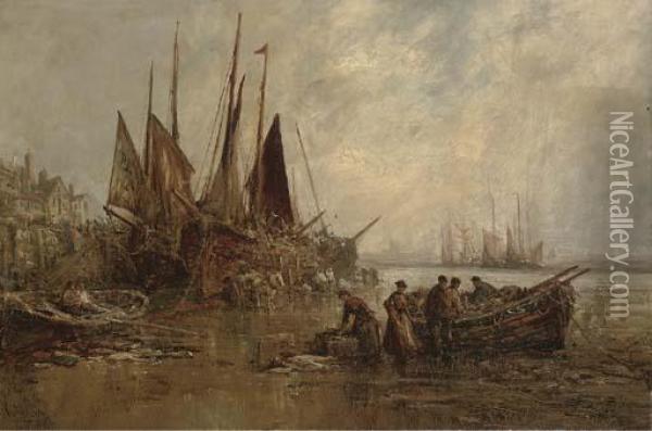 The Peel Fishing Fleet Unloading At Low Tide Oil Painting - William Edward Webb