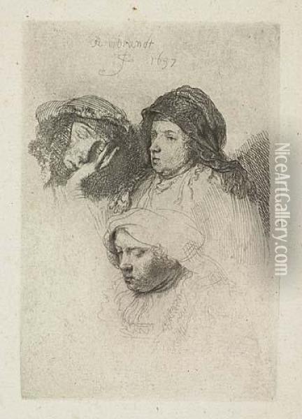 Three Heads Of Women: One Asleep<</b> Oil Painting - Rembrandt Van Rijn