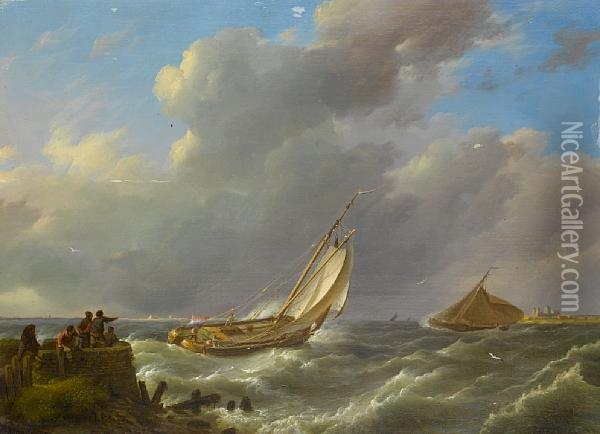 Dutch Barges At The Mouth Of The Estuary At High Tide On A Blustery Day Oil Painting - Johannes Hermanus Koekkoek