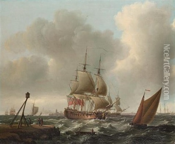 A Flagship Arriving In Port With Other Men-o' War Offshore Oil Painting - John Cleveley