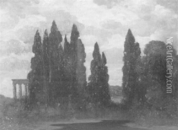 Landschaft Mit Zypressen Und Tempel In Der Abenddammerung Oil Painting - Eduard Ruedisuehli