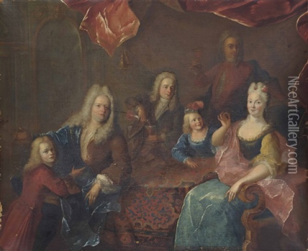 Portrait Of A Family, In An Interior Oil Painting - Robert Levrac-Tournieres