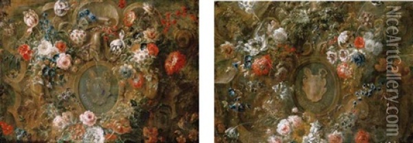 Roses, Tulips And Other Flowers Adorning A Cartouche (+ Another; Pair) Oil Painting - Jean-Baptiste Morel