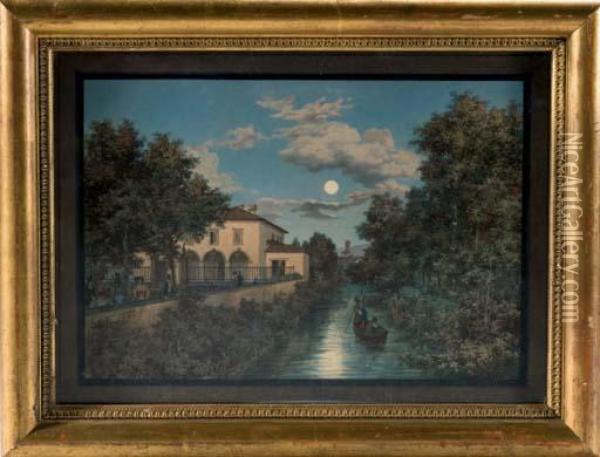 Promeneurs Et Barque Au Clair De Lune Oil Painting - L. Garibbo