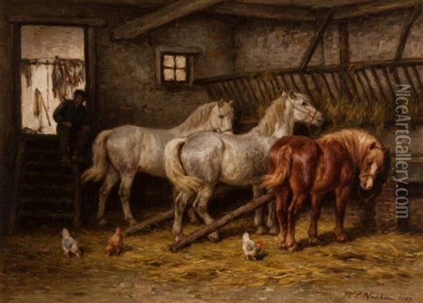Three Horses In The Stable Oil Painting - Willem Carel Nakken