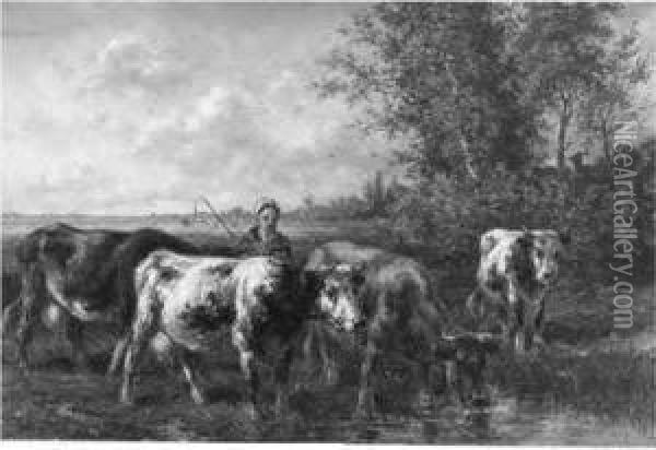 A Cowherdess And Cattle Oil Painting - Johan Nicolaas Van Lokhorst