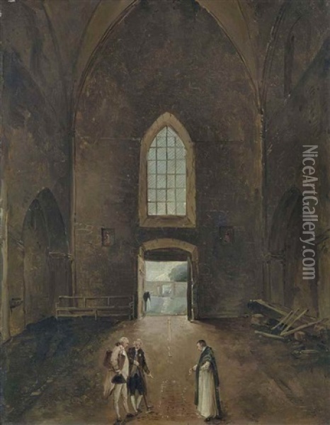 Hubert Robert Et Un Amateur Visitant Une Tombe Dans Une Eglise Oil Painting - Hubert Robert