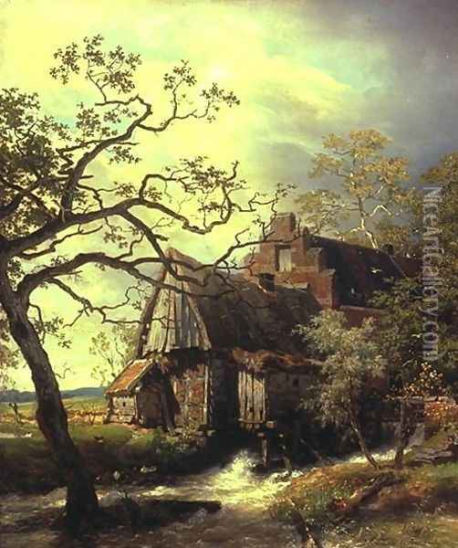 Mill on the river, landscape with watermill Oil Painting - Andreas Achenbach