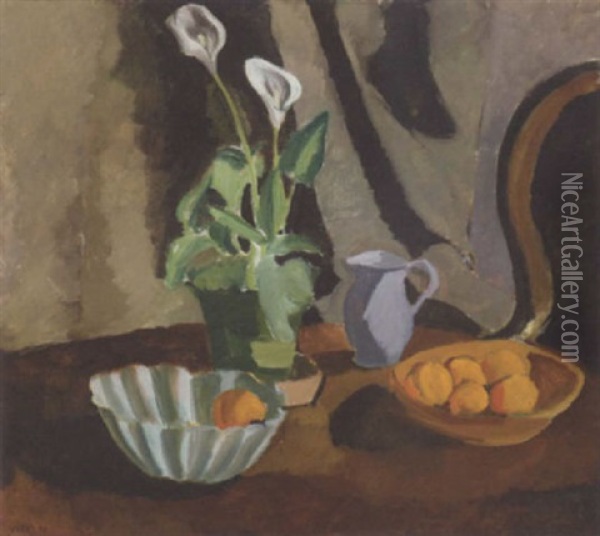 Opstilling Med Fredsliljer, Skale Og Appelsiner Oil Painting - Ville Jais Nielsen