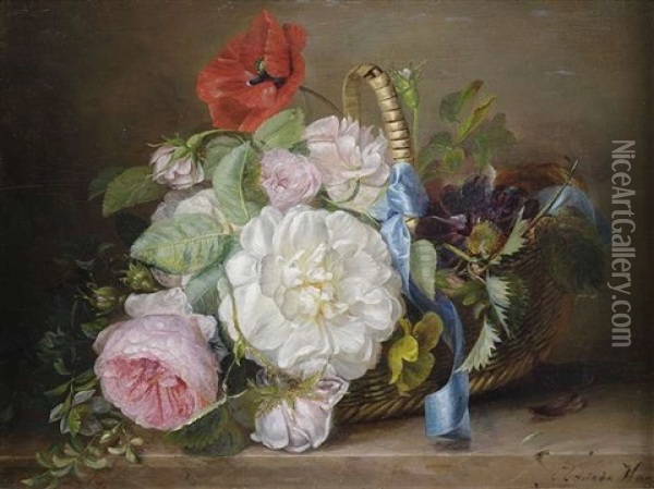 Rosenbouquet In Einem Weidenkorb Oil Painting - Adriana Johanna Haanen