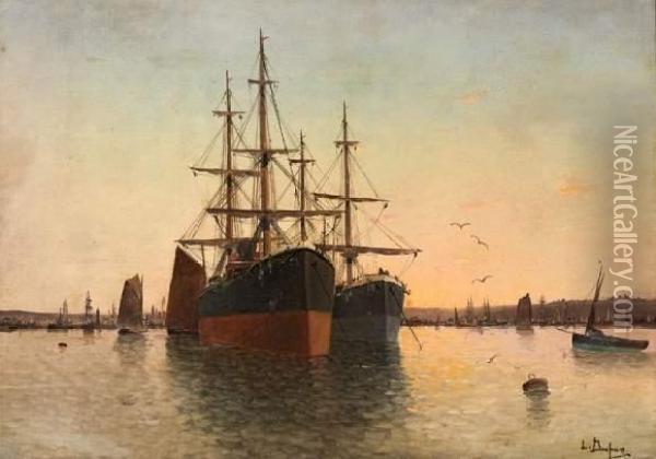 Navires Dans Un Port. Oil Painting - Eugene Galien-Laloue