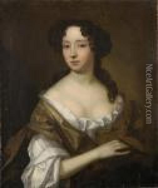 Portrait Of A Lady, Half Length, Wearing Ochre Dress Oil Painting - William Wissing or Wissmig