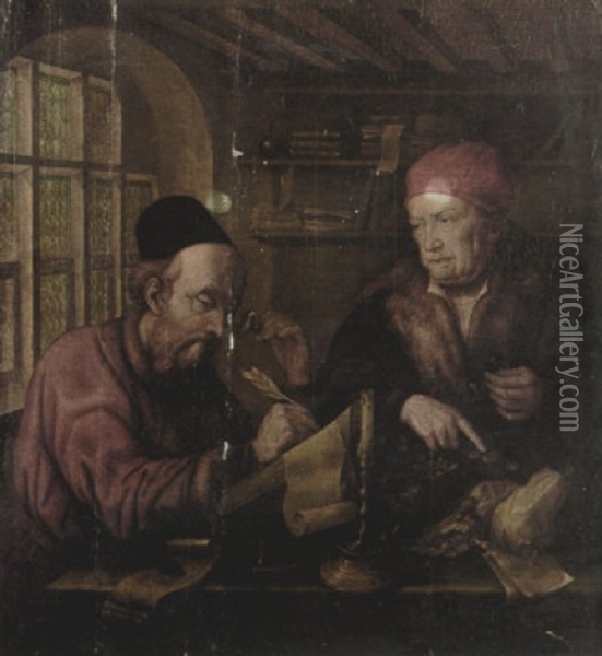 Two Men Seated At A Table Counting Money Oil Painting - Marinus van Reymerswaele