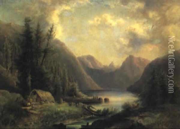 Hytte Og Figurer Ved En Bjergs+ Oil Painting - Edward (Johan-Edvard) Bergh