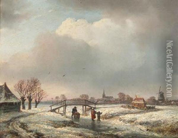 A Winter Landscape With Peasants Skating By A Wooden Bridge Oil Painting - Andreas Schelfhout