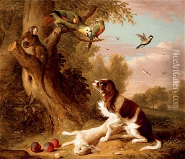 A Spaniel With A Dead Hare In A Landscape, With Parrots And A Monkey In A Tree Oil Painting - Jakob Bogdani