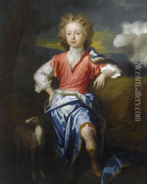Portrait Of A Boy, Possibly James Stuart, The Old Pretender, Full-length, Standing, Wearing Classical Dress, A Hat With The Three Feathers Of The Prince Of Wales And His Hound Beside Him Oil Painting - William Sonmans