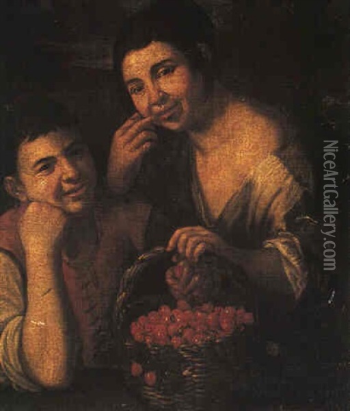 Two Peasant Children With A Basket Of Cherries Oil Painting - Pedro Nunez