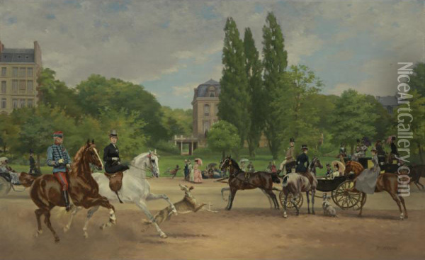 An Afternoon On L'allee Du Bois Paris Oil Painting - Pierre Gavarni